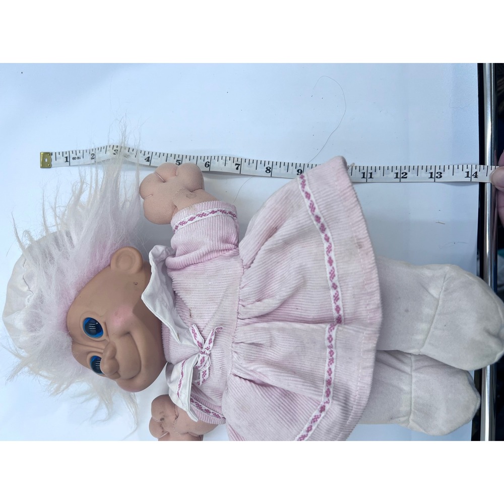 Vintage Plush Troll Doll Pink Hair Blue Eyes Pink Corduroy Dress 14 Inch 90s Toy - Picture 3 of 5